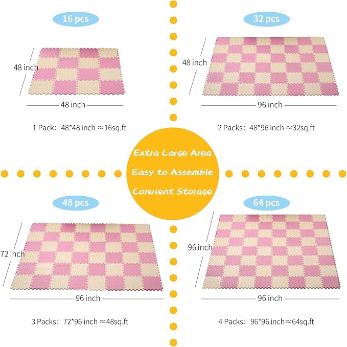 16 Tiles, 0.4 Inch Thicked Interlocking Floor Mats with Solid Colors, Squares Baby Play Mat, EVA Foam Puzzle Floor Mat Foam Mats for Kids, Baby, Toddlers (Beige/Pink)