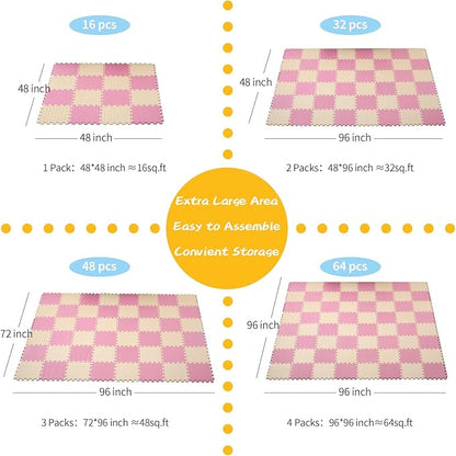 16 Tiles, 0.4 Inch Thicked Interlocking Floor Mats with Solid Colors, Squares Baby Play Mat, EVA Foam Puzzle Floor Mat Foam Mats for Kids, Baby, Toddlers (Beige/Pink)