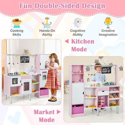 Costzon 2-in-1 Kids Kitchen Playset & Grocery Store, Double-Sided Pretend Play Kitchen with Light & Sound, Ice Maker, Sink & Faucet, 82 Accessories, Toddler Market Stand for Boys Girls Ages 3+