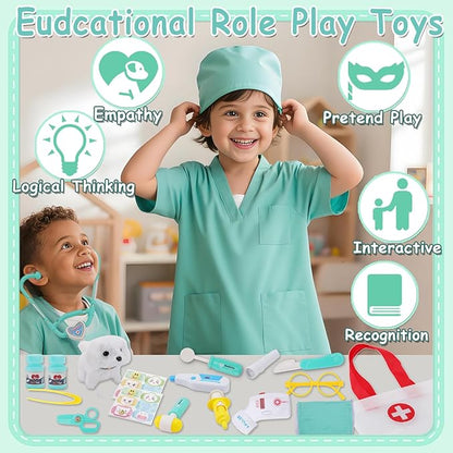 TEUVO Toy Doctor Kit for Girls - Pretend Play Doctor Set with Dog Toy, Carrying Bag & Stethoscope & Dress Up Costume - Toys Doctor Play Gift for Kids Toddlers Ages 1 2 3 4 5 6 7 Year Old for Role Play