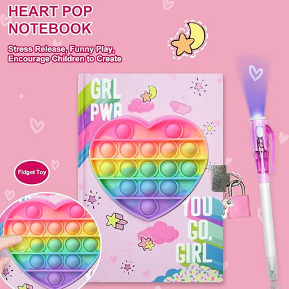 Pop Girls Diary with Lock and Invisible Ink Double-end Pen, 7.5x5.4” 160 Lined Page Fidget Colorful Heart Girls Journal for Kids Secret Notebook Pen Set Birthday Gifts for Girls 5 6 7 8 9 10 Years Old