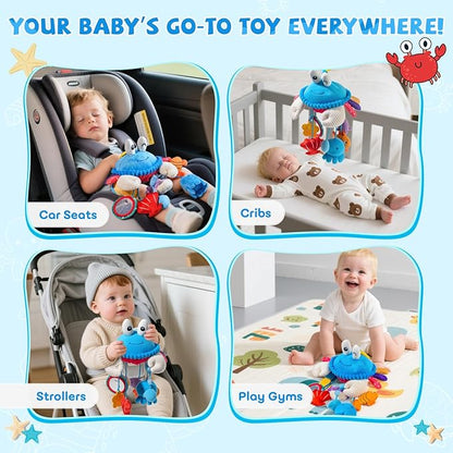 Hanging Activity Toy for Car Seat, Stroller, Crib & Play Gym, Sensory Crab Plush Toy for Babies 0-12 Months, Tummy Time, Motor Skills Development, Montessori Toy with Mirror, Rattle & Teether