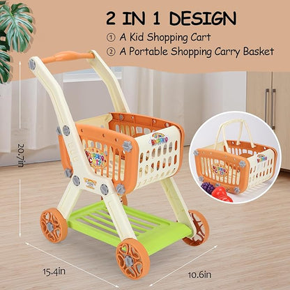 Shopping Cart with Cutting Play Food Set for Kids Kitchen, 2 in 1 Shopping Cart for Kids Grocery Store Pretend Play Kitchen Accessories Sorting Food Bucket Learning Toys Gift for Toddler 3-5