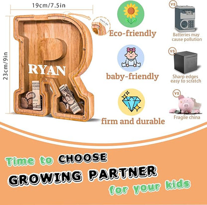 Wooden Letter Piggy Bank for Kids Larger Letter Piggy Bank for Boys and Girls Personalized Piggy Bank Initial Coin Bank Wood Kids Money Bank for Birthday and Festival