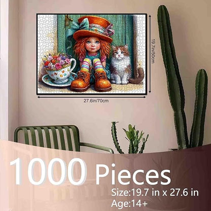 Tucocoo Cute Girl and Cat 1000 Piece Jigsaw Puzzle for Adults, Fantasy Art Puzzle with Tea Cup Flowers, Colorful Socks, Big Hat, Cozy Cottage for Relaxation and Gifts, Challenging Puzzles, Home Decor