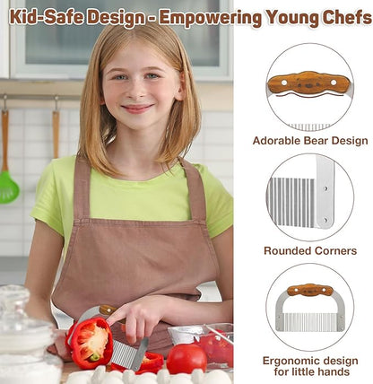 Crinkle Cutter Knife for Kids Slicer Veggies & Fruits with Safe Rounded Tip, Bear-Shape Wavy Cutter with Rosewood Handle & Japanese 420J2 Stainless Steel Blade