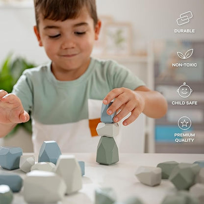 Comfy Cubs Stacking Rocks 36 Pieces, 36 Months+, Educational Toddler Stacking Blocks, Promotes Imagination, Balance & Fine Motor Skills - Wooden Rocks Sensory Toys Gift for Kid, Boy Pack