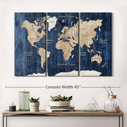 ElephantStock Aged Blue World Map II Canvas - 3 Panel Wall Decor - World Map Digital Art - Blue Wall Art - 38" X 24"