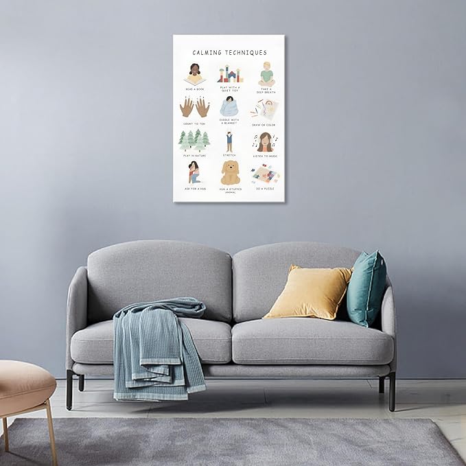 Feelings Calming Techniques Canvas Wall Art Calming Corner Classroom Mental health Posters Boho Emotions Chart for Kids Prints Special Education Wall Decor for Office School 20x30in Framed