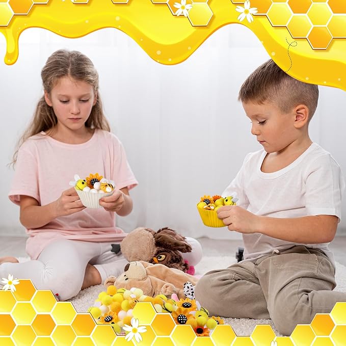 303Pcs Bee Sensory Bin Filler Fine Motor Toys Sunflower Counting Sorting 200 Felt Pompoms 40 Sunflowers 50 bees 6 Tweezers 6 Silicone Plates 1Storage Box for Counting Sorting DIY Crafts(Bee Sunflower)