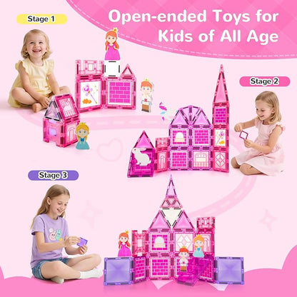 Diamond Magnetic Tiles Building Blocks – Princess Castle Pretend Play Toys with DIY Painting Set and Stickers for Kids 4 5 6 7 8 Year Old STEM Educational Birthday for Girls Boy