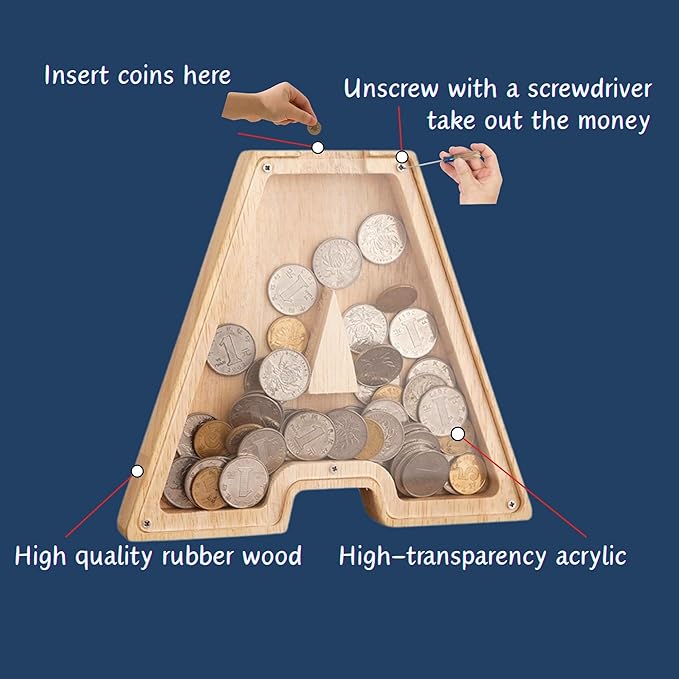 Wooden Alphabet Piggy Bank Clear Acrylic Panel Coin Savings Box Personalized Money Bank for Kids Boys Girls Adults, Birthday Home Décor(T)