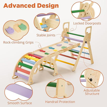 HEIGHT 9-in-1 Pikler Triangle Climber Set with Balance Car & Play Mat – Foldable Wooden Montessori Baby Climbing Toys with Slide, Arch & Ramp, Indoor Jungle Gym for Toddlers