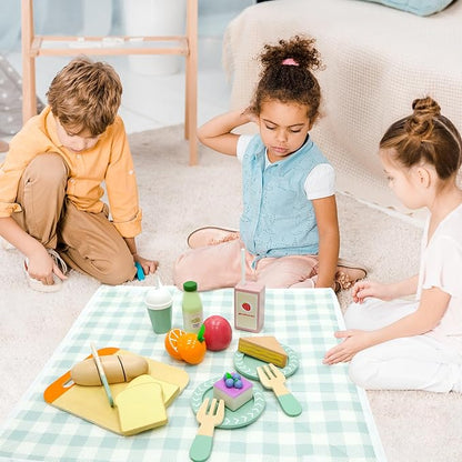 Picnic Playset - Wooden Play Food - Play Food Sets for Kids Kitchen - Pretend Food, Toy Food with Multifunctional Storage Bag, Non-Toxic Toy Picnic Set Best Gift for 3+ Toddlers
