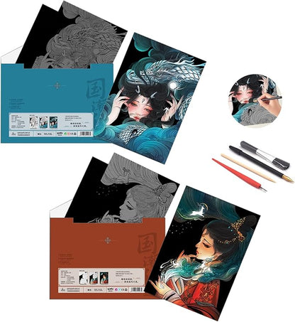Scratch Rainbow Painting Art Paper,Scratch & Sketch Art for Kids & Adults,Scratch Painting Creative Gift Art & Craft Set,Sketch Pad DIY Scratchboard with 4 Tools,16''x11''(Asian Girl)