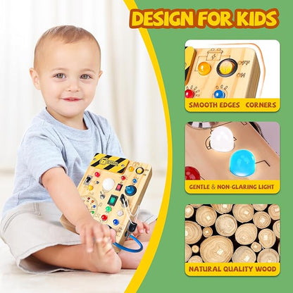 Busy Board, Montessori Toy for 1-3 Years Old, Wooden Toddler Sensory Travel Toy, Ideal Gift for 1+ Year Old Boys (Busy Board Plus V2), Medium, Yellow
