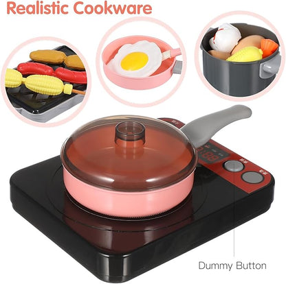 UPKOCH 86-Piece Interactive Kids Kitchen Playset with Electric Stove & Pressure Cooker - Pretend Play Cooking Toys for Toddlers, Cutting Vegetables & BBQ Grill Roleplay (Pink)