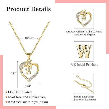 Hidepoo Unicorn Necklace Gifts for Girls - 14K-Gold-Plated Colorful CZ Heart Necklace Girls Jewelry Initial Unicorn Necklaces for Girl Birthday Gifts