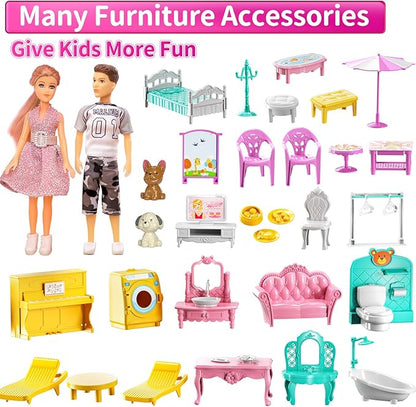 Pink Villa Playset for Girls Ages 3-7, 4-Story 10-Room House with 2 Dolls, Furniture & Accessories, Pretend Play Toddler Toy, Birthday Gifts for Kids 3-8