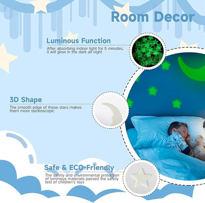 Glow in The Dark Stars for Ceiling,45Stars & 1Moon,Glow in The Dark Stars,Luminous Star and Moon Wall Stickers,Star Stickers for Bedroom Decor, Birthday Gifts（Green）