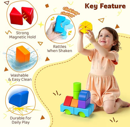 Multi-Shape Magnetic Blocks, Large Stacking & Building Blocks Set, Preschool Educational Sensory Magnet Toys for Kids Ages 3-5 Year Old Boys & Girls Toddlers(20pcs)