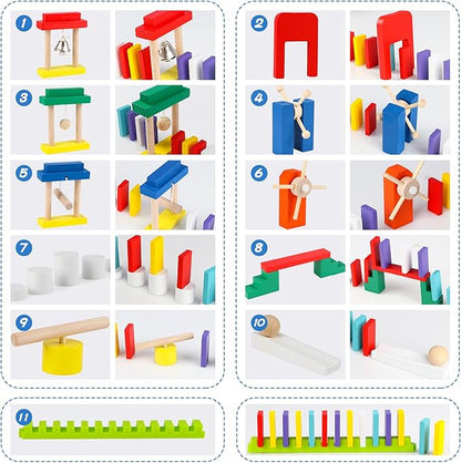 Wondertoys 600 PCS Dominoes Set for Kids Wooden Building Blocks 6 Colors Bulk Dominoes Racing Tile Games Educational Toy for Kids Birthday Party with 11 Add-on Blocks and 1 Storage Bag