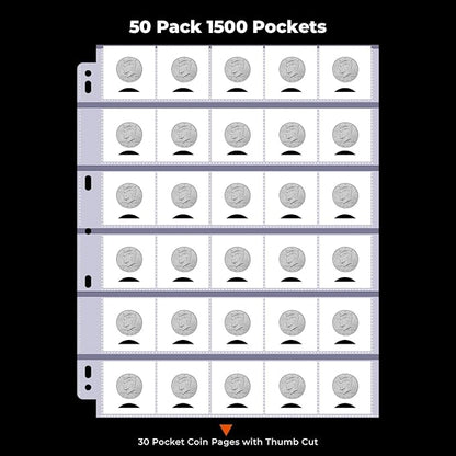 50-Sheets 30-Pocket Thumb-Cut Coin Pages - Coin Pocket Pages for 1.5 x 1.5 Inch Cardboard Coin Holder, Collecting Sleeves for Coin Flips, 1500 Pockets for Coin Binder, Coin Collection Storage Supplies