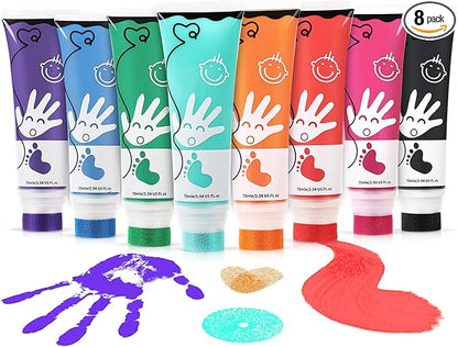 Washable Finger Paint for Toddlers, 8 Colors Large Capacity (2.54fl Oz) with Sponge Tip, Non-Toxic Baby Safe Paint for Hand and Feet, Art Supplies, Preschool Learning Gifts, Ages 1-3 4 5 6+