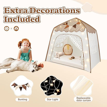 Toddler Bed Tent, Kids Play Tent with Flags, Star String, Portable Bed Canopy for Boys & Girls, Children, Indoor Outdoor Dome Playhouse, Brown Dots & Floral Pattern, 51" x 39" x 51"