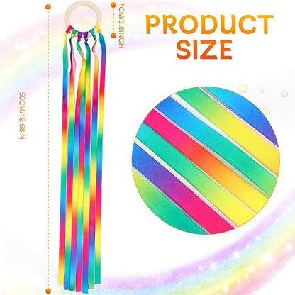 Junkin Ribbon Rings Hand Kite Waldorf Toys Dancing Wrist Ribbons Rainbow Streamers with Wood Ring Educational Toy for Playroom Dancing Birthday Party Gift(Gradient,24 Pcs)
