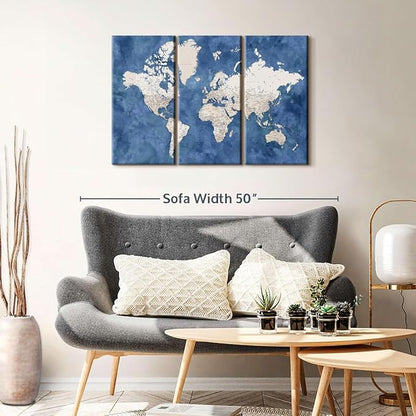 ElephantStock Detailed World Map With Cities I Wall Art - Horizontal Canvas - 3-Piece Living Room Decor - Watercolor Map Canvas Print - Beige and Blue Wall Decor by Blursbyai - 38" X 24"