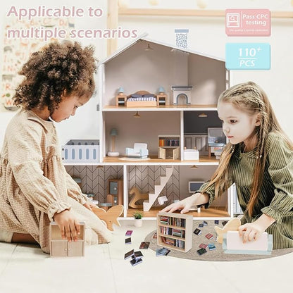 1:12 Scale Dollhouse Bookshelf Set - 2 Mini Wooden Bookshelves, 100+ Blank Mini Books & Art Studio Accessories for Creative Educational Gift for Kids, Collectors (Dollhouse Furniture & Accessories)