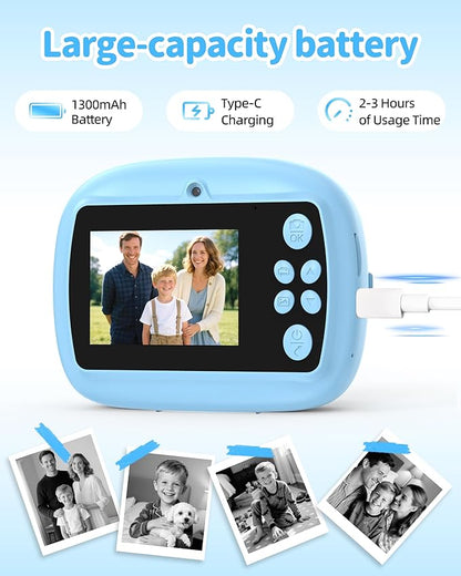 Kids Instant Print Camera,1080P Video Instant Digital Camera for Kids, Christmas Birthday Gift for Girls and Boys Age 3 4 5 6 7 8 9 10, Toy Camera with 32GB SD Card,Christmas Stocking Stuffers,Blue