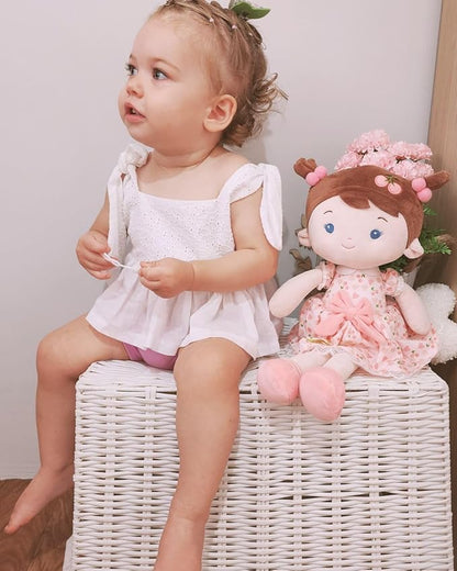 LeyaDoll Personalized Soft Baby Doll Toys for Girls (16''), My First Birthday Gift, Christmas Dolls, Leya Doll Baby Rag Doll Plush Toys for Toddler Kids Infants -Cherry Girl Light