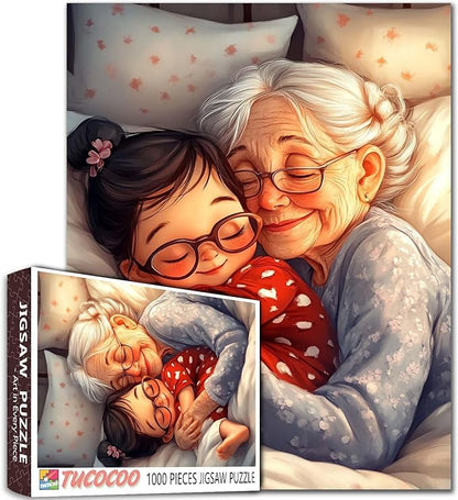 Cute Girl Sleeping with Grandmother 1000 Piece Jigsaw Puzzle for Adults Students Warm Oil Painting Cozy Home Decor Puzzles 20×27 Inches Family Fun Relaxing Game Gift for Women Men Teens Room Art
