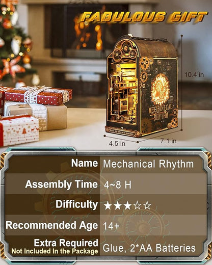 Book Nook Kit Mechanical Rhythm, DIY Booknooks Kit for Adults with Sensor Lights, Bookshelf Diorama Miniature Scenes Insert Decor, 3D Puzzle Miniature House Kit Gift for Men Teens Family