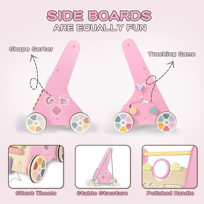LOL-FUN Wooden Baby Walker for Girls with Wheels, Push Walker for Girl 6-12 Months, Pink Baby Push Toy for 1 Year Old Walking