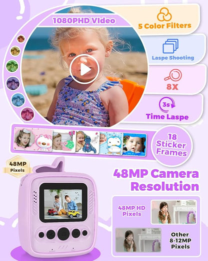 Kids Camera Instant Print, Christmas Birthday Gifts for Gils Age 3-8, 48MP &1080P Children Camera with Silicone Cover, Portable Toy Instant Camera for Kids 3 4 5 6 7 8 9 10 Year Old Girls