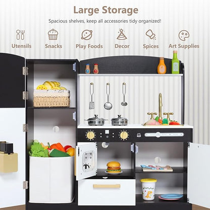 Kinder King Wooden Kids Play Kitchen, Toy Kitchen Playset for Toddler, Play Kitchen Set w/Blackboard, Transparent Coloring Board, Pretend Dishwasher, Oven, Ice Maker, Gift for Boys Girls Age 3+, Black