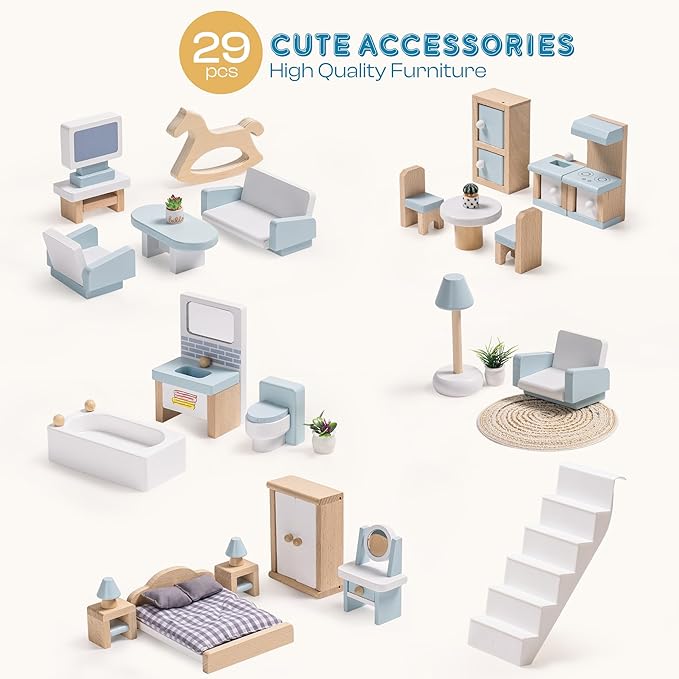 ROBUD Doll House, Wooden Dollhouse with 6 Rooms, 29-pcs Realistic Accessories, Dollhouse Playset for 4-6 Inch Dolls, Gifts for Kids & Toddlers, Nordic Style, Ages 3+