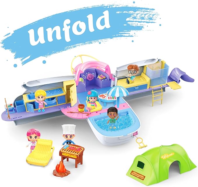 iPlay, iLearn Boat Dollhouse Playset for Girls 3-5, Kids Pretend Play Doll House Set W/ Cruise Ship, Dolls, Camping Accessories, Birthday Gifts for 4 5 6 Year Olds Children Toddlers
