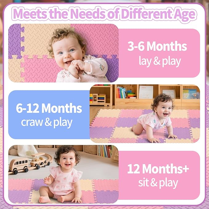 36 Tiles Foam Play Mat for Baby, 0.4 Inch Thick Foam Interlocking Floor Mats, Soft Non-Toxic Baby Playmat, Solid Colored Puzzle Play Mat Kids Floor Mats for Toddler(Pink/Beige/Purple)