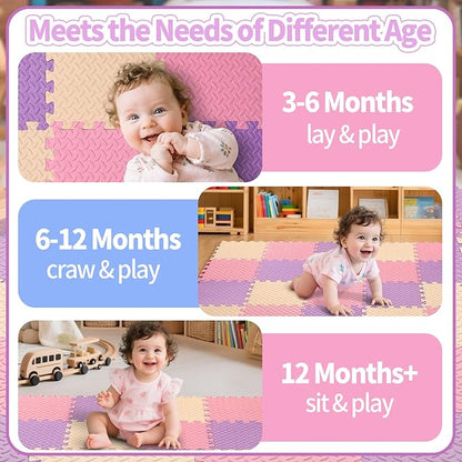 36 Tiles Foam Play Mat for Baby, 0.4 Inch Thick Foam Interlocking Floor Mats, Soft Non-Toxic Baby Playmat, Solid Colored Puzzle Play Mat Kids Floor Mats for Toddler(Pink/Beige/Purple)