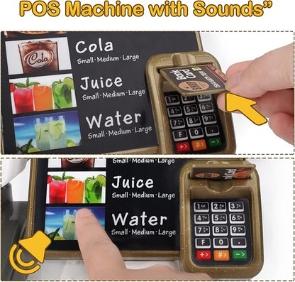 deAO Pretend Play Store Coffee Playset Kids Coffee Maker Play Set Pizzas Shop with Cash Register Toy Kitchen Playset Accessories Gifts for Toddlers Boys Girls