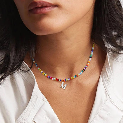 Yoosteel Colorful Beaded Initial Necklaces for Girls Gifts - Cute Initial Necklaces for Girls Kids Jewelry A-Z Letter Choker Necklace for Women Birthday Gifts for Teens Daughter Niece Granddaughter