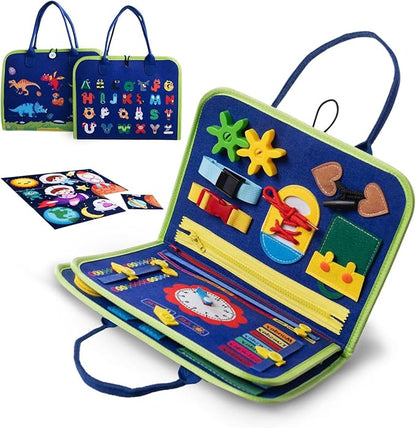Busy Board Montessori Sensory Toy Travel Educational Book Kids 2 3 4 Years Toddler Fine Motor Skills Preschool Activities Clock Buckle Zipper Buttons Learning Gift Portable Carry Case