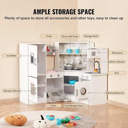 VEVOR Interactive Wooden Toy Play Kitchen Playset for Kids with Lights and Sounds, Corner Design with Ice Maker, Oven, Sink, Clock, Microwaves, Refrigerator and Accessories, for Girls & Boys, White