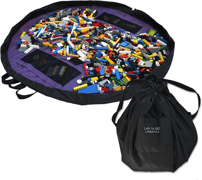 Lay-n-Go 2-in-1 Small Portable Drawstring Toys Storage Organizer and Play Mat for Room and Travel, Made for Kids and Toddlers with a Durable Patented Design
