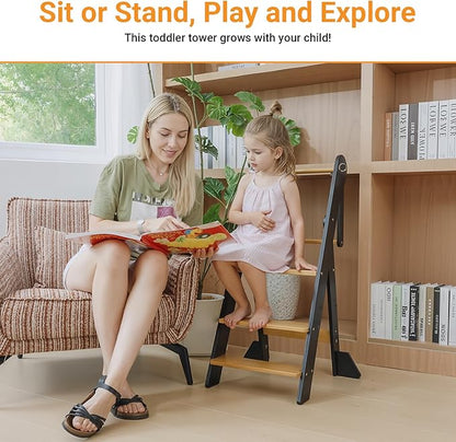 COSYLAND Foldable Toddler Kitchen Stool Helper - Height Adjustable Standing Tower for Bathroom Sink or Kitchen Counter - Step Stool for Toddlers Ages 18 Months to 6 Years Gray & Natural