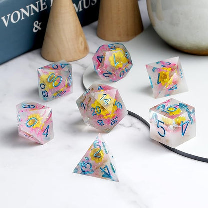 Resin DND Dice Set DNDND Handmade Flower Sharp Edge D&D Die with Gift Case for D&D Dungeons and Dragon Tabletop Games (Chrysanthemum)